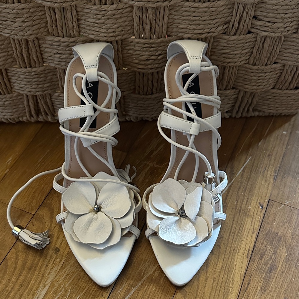 Aqua White Floral Strappy Heels